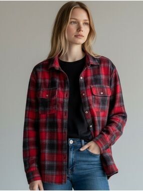 Free Nature Red Plaid Button-Up Shirt - Women's Casual Flannel Top #LS1